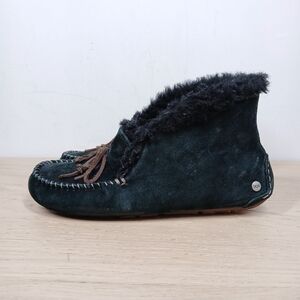 UGG Alena Black Suede Shearling Lined Ankle Moccasin Slippers 1609